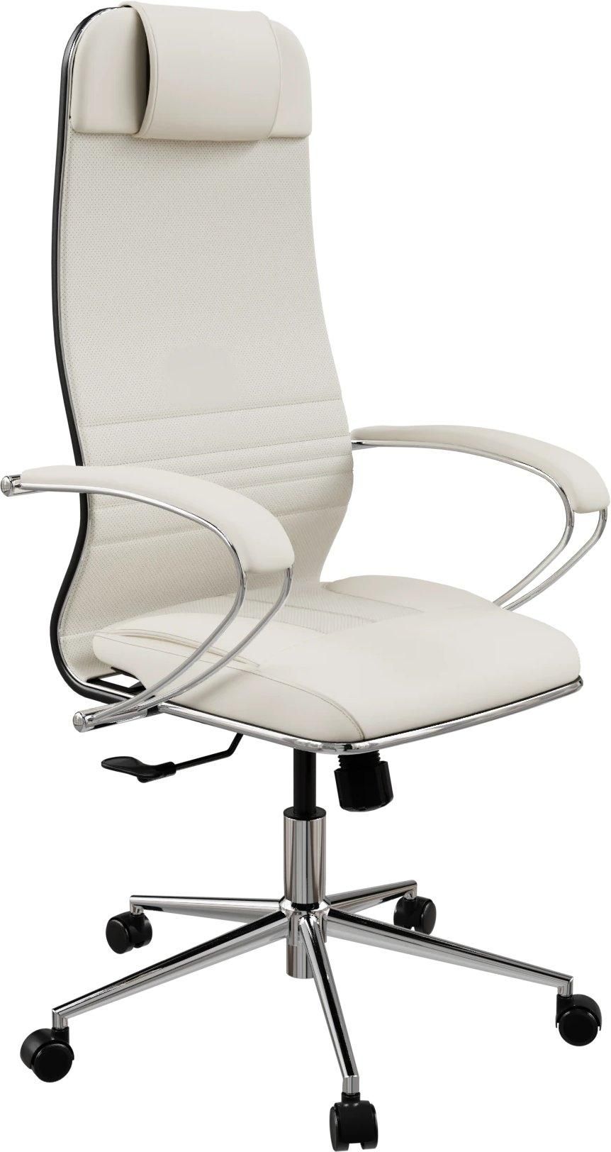 Comfortable leather office chair with padded backrest and seat, adjustable lumbar support, synchro mechanism. Milky color